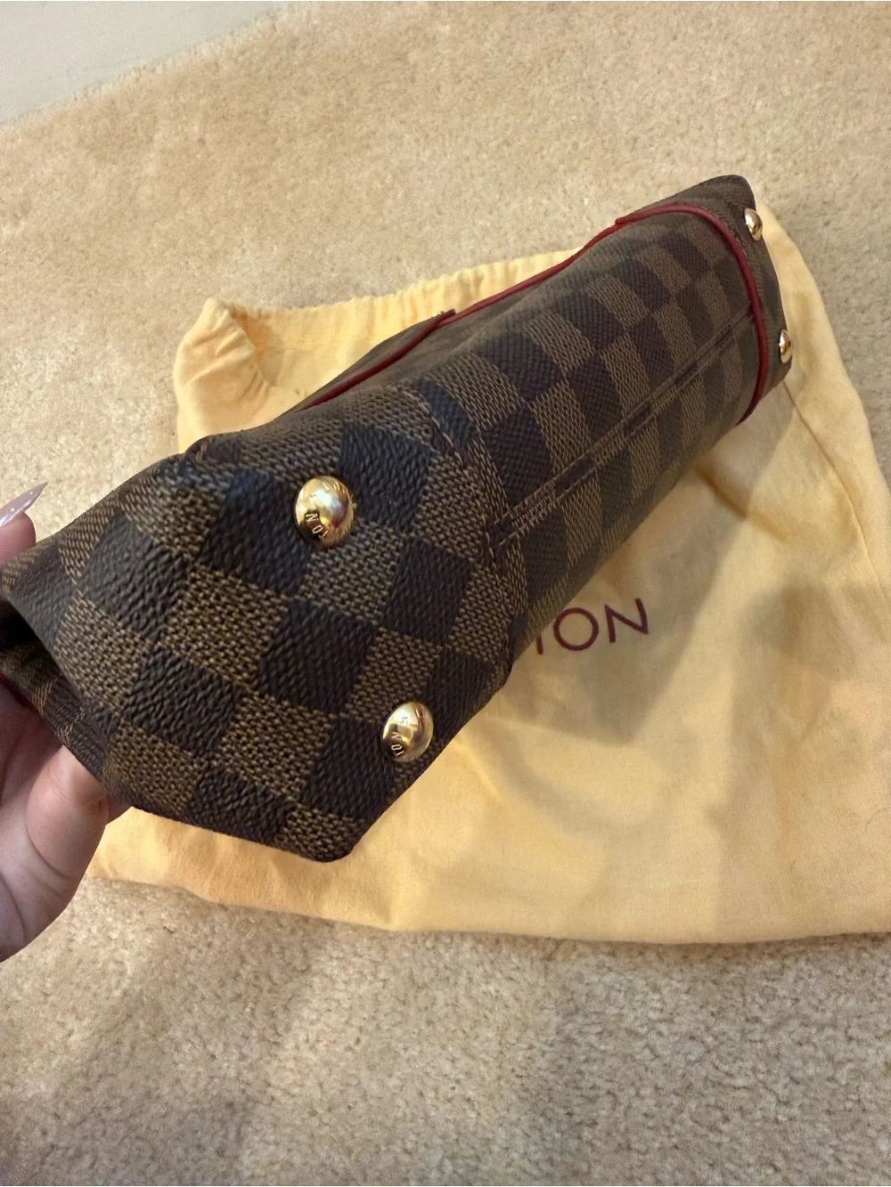 EUC! Louis Vuitton Damier Ebene Cassia Shoulder Bag with Red Trim